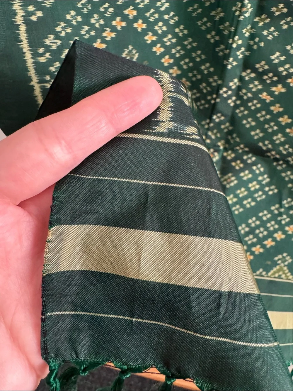 Emerald Green handwoven silk scarf purchased in India